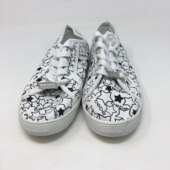 Bebe Women's Sneakers White Black Size 9 Daney Canvas Stars Logo Print Lace Up - Picture 2 of 8